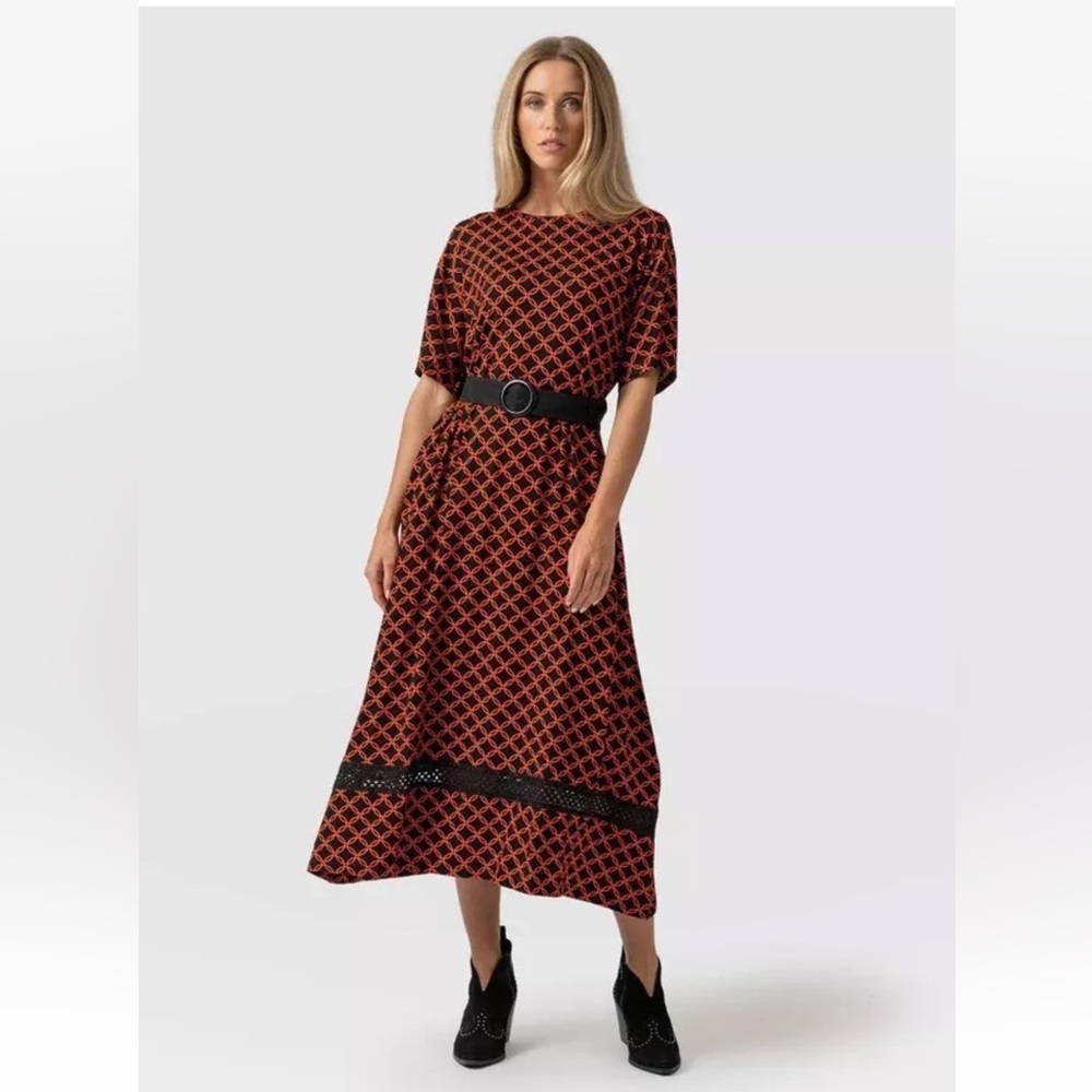 Saint + Sofia Warren Belted Midi Dress Bold Orange Geo Print Size US 8